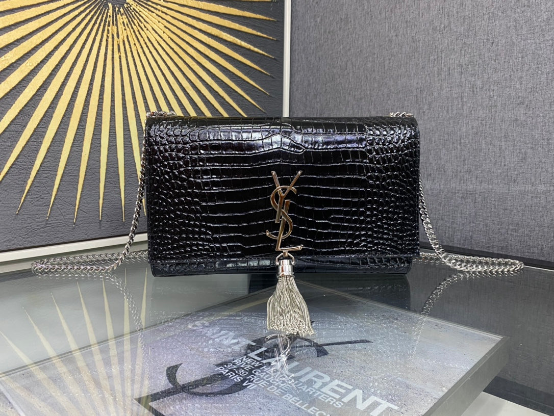 Saint Laurent YSL Kate Tassel Crocodile-Embossed Leather Chain Bag - Black