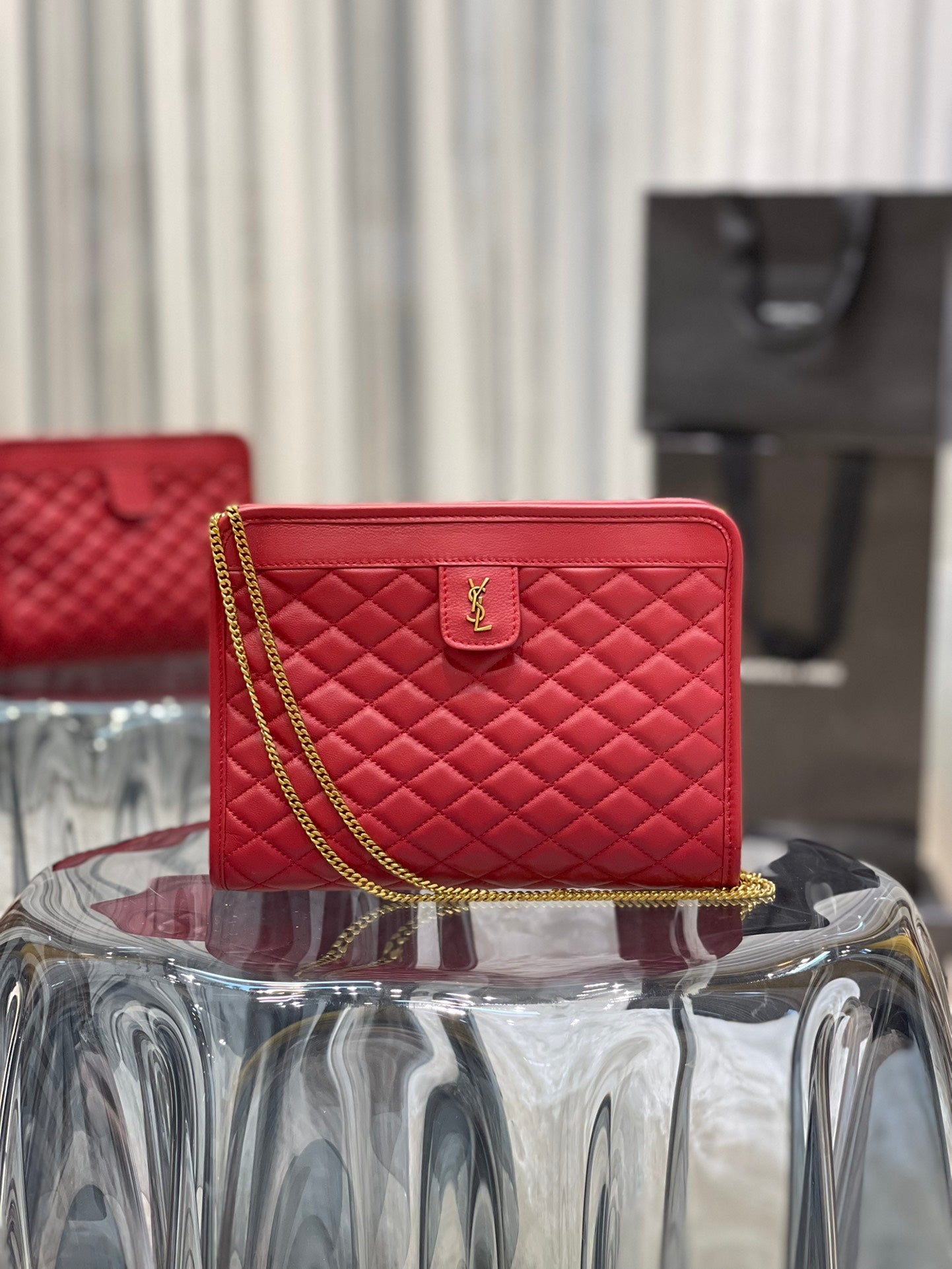 Red Quilted Leather Shoulder Bag with Gold Chain and Logo Detail