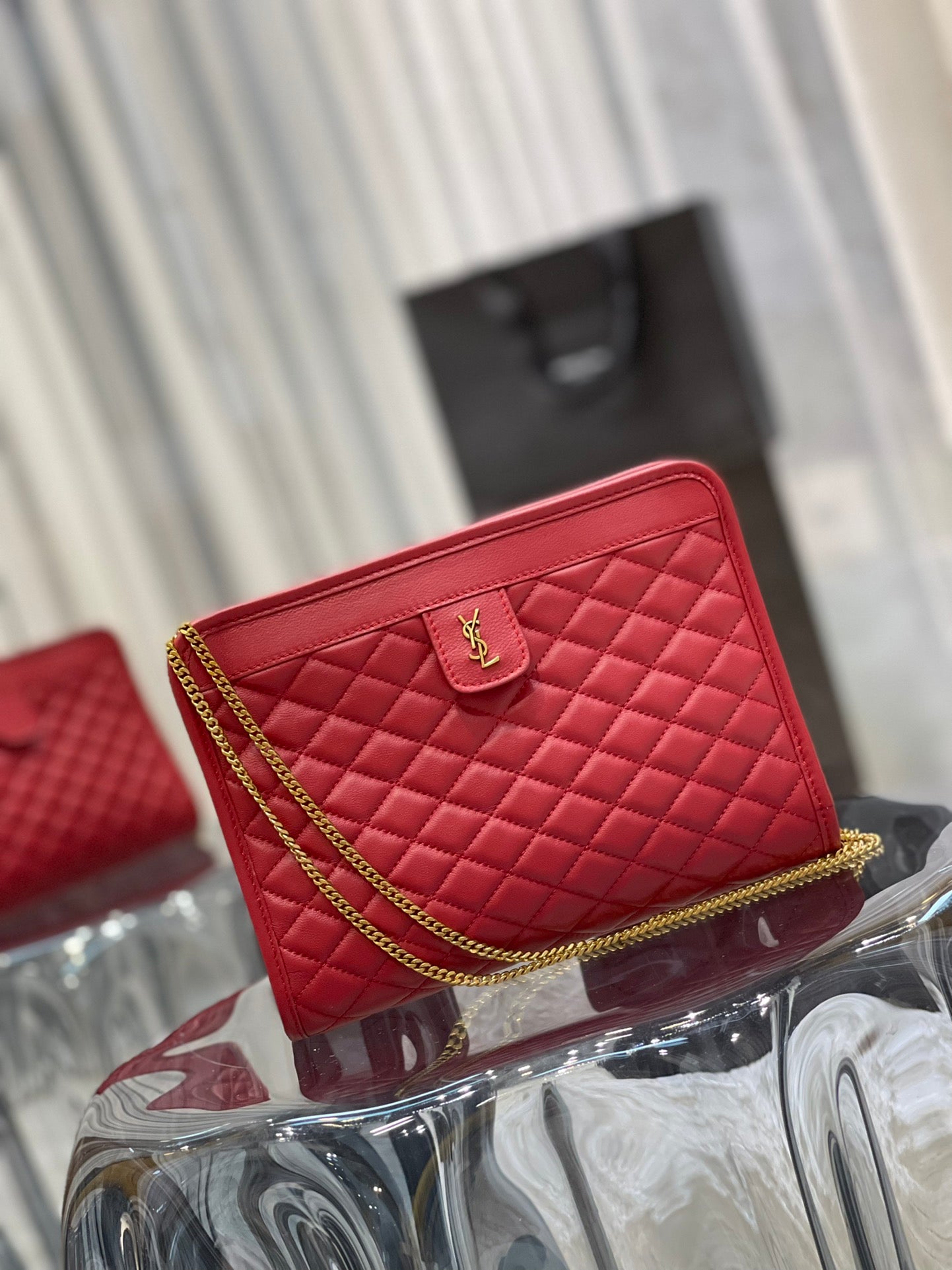 Red Quilted Leather Shoulder Bag with Gold Chain and Logo Detail