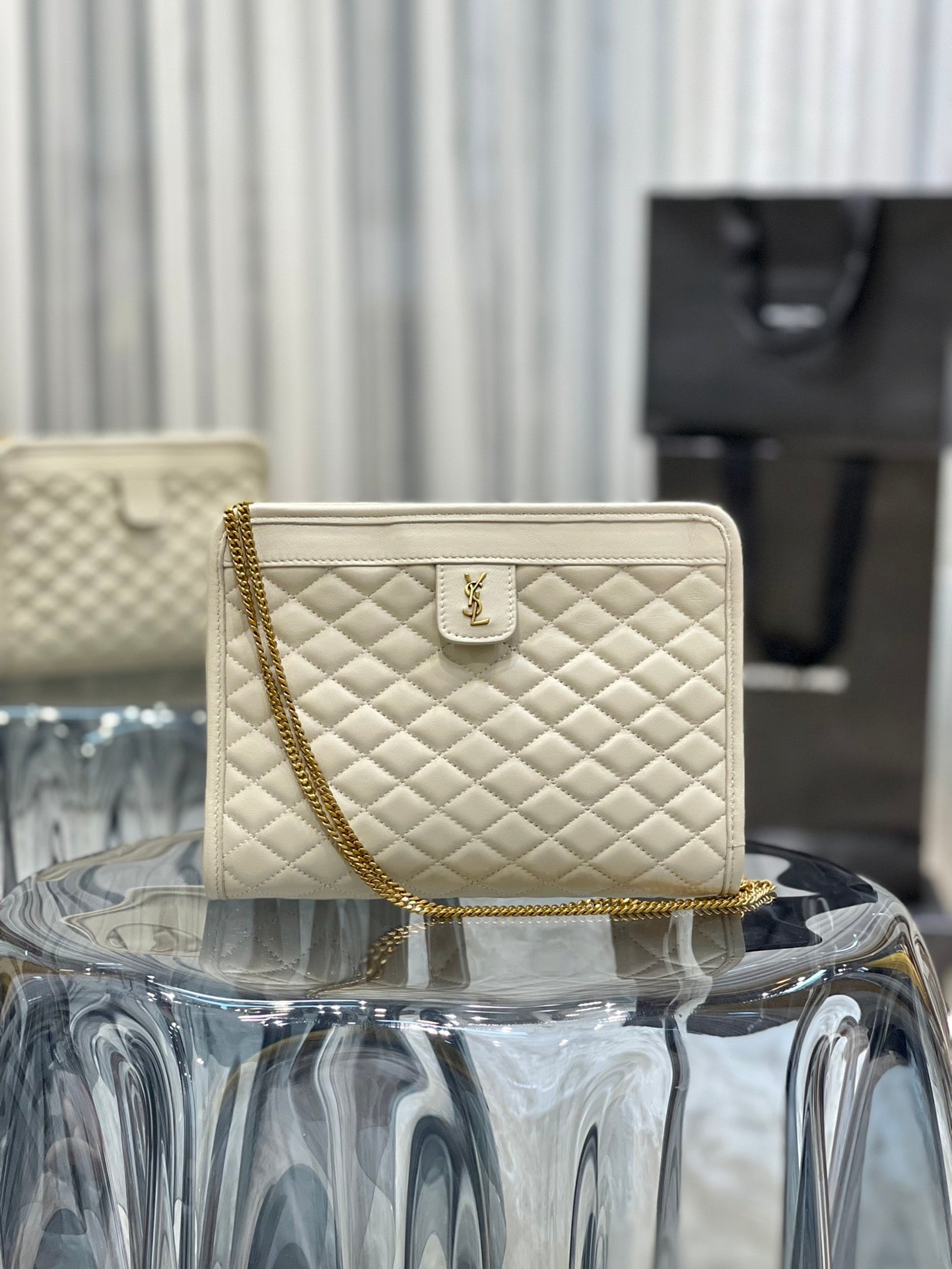 Saint Laurent Gaby Quilted Leather Shoulder Bag - Cream Off-White with Gold Hardware