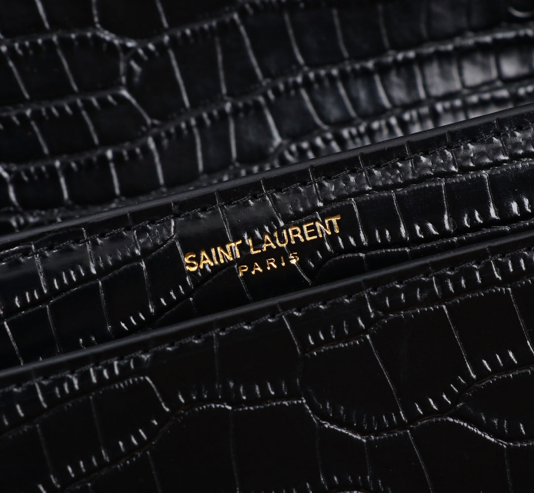 Saint Laurent Sunset Medium Shoulder Bag in Crocodile-Embossed Leather - Black