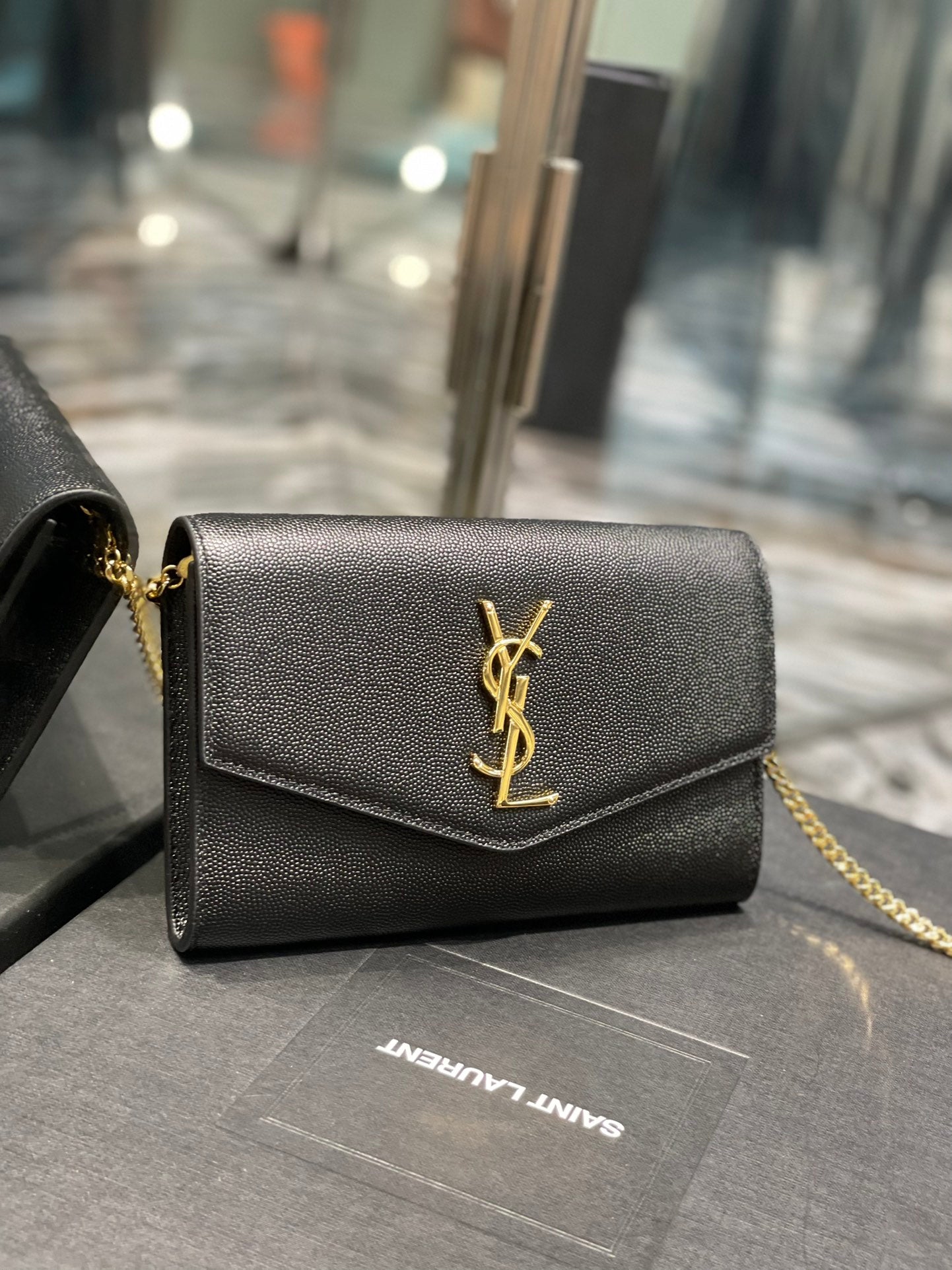 Saint Laurent Uptown Chain Wallet in Grain de Poudre Embossed Leather - Black/Gold