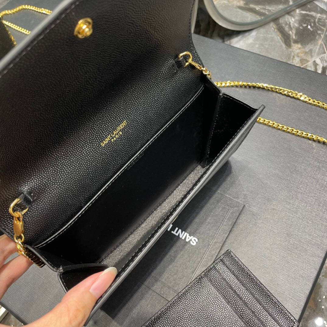 Saint Laurent Uptown Chain Wallet in Grain de Poudre Embossed Leather - Black/Gold