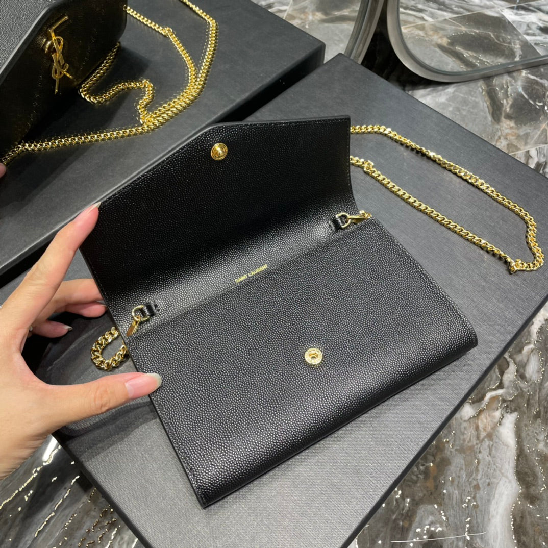 Saint Laurent Uptown Chain Wallet in Grain de Poudre Embossed Leather - Black/Gold
