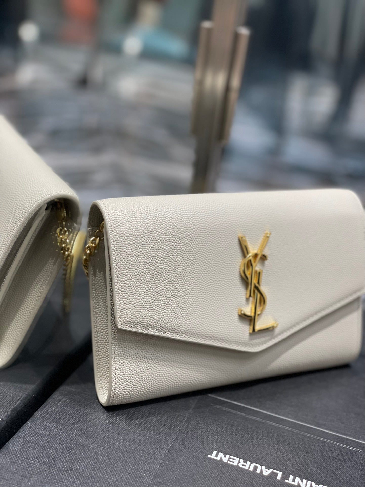 Saint Laurent Cassandre Envelope Chain Wallet in White Grained Leather with Gold Hardware