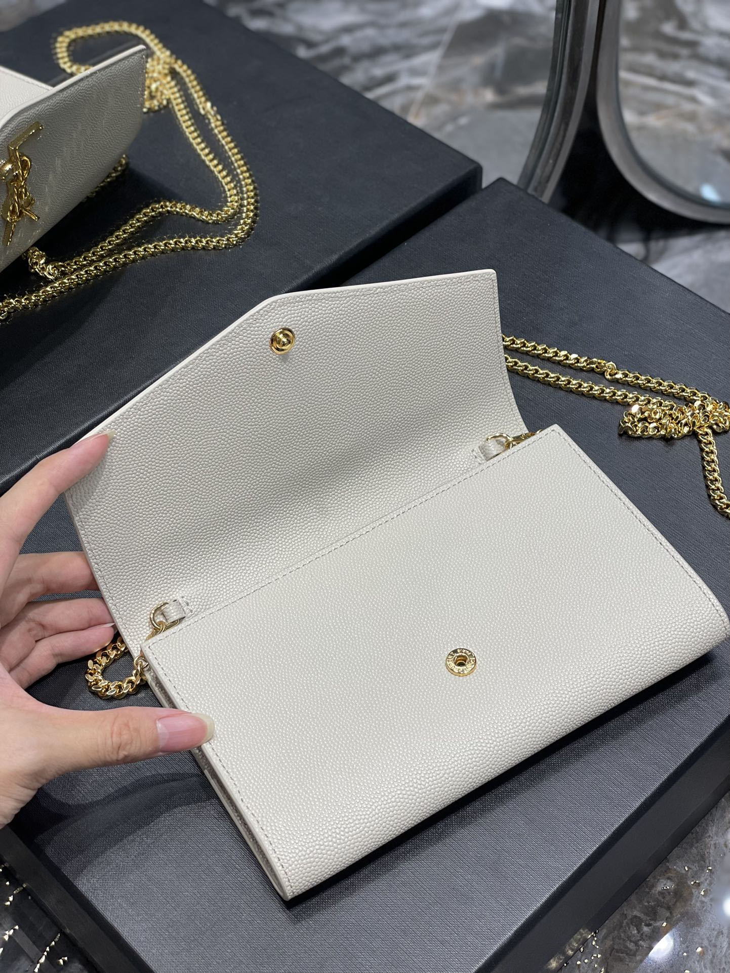 Saint Laurent Cassandre Envelope Chain Wallet in White Grained Leather with Gold Hardware