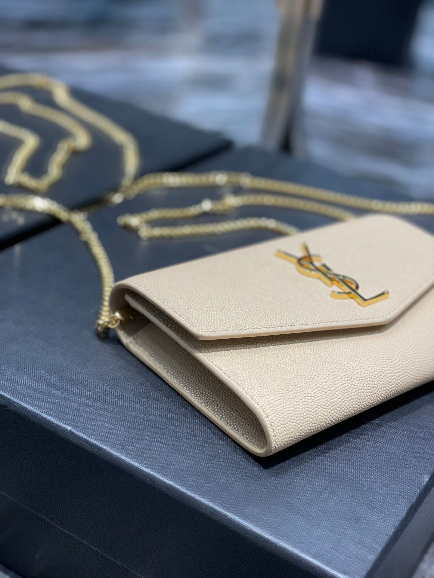 Saint Laurent Monogram Wallet on Chain and Card Holder - Beige Leather
