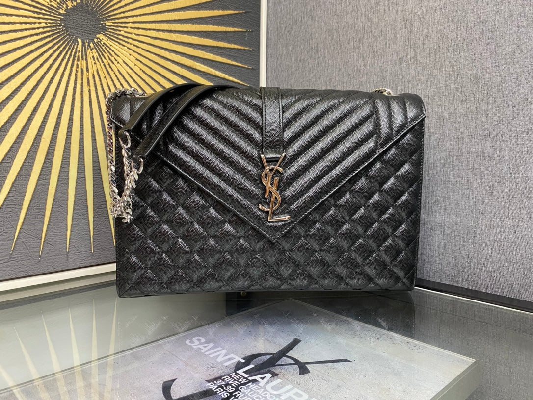 Saint Laurent Monogram Large Envelope Bag in Black Quilted Leather - Gold Hardware