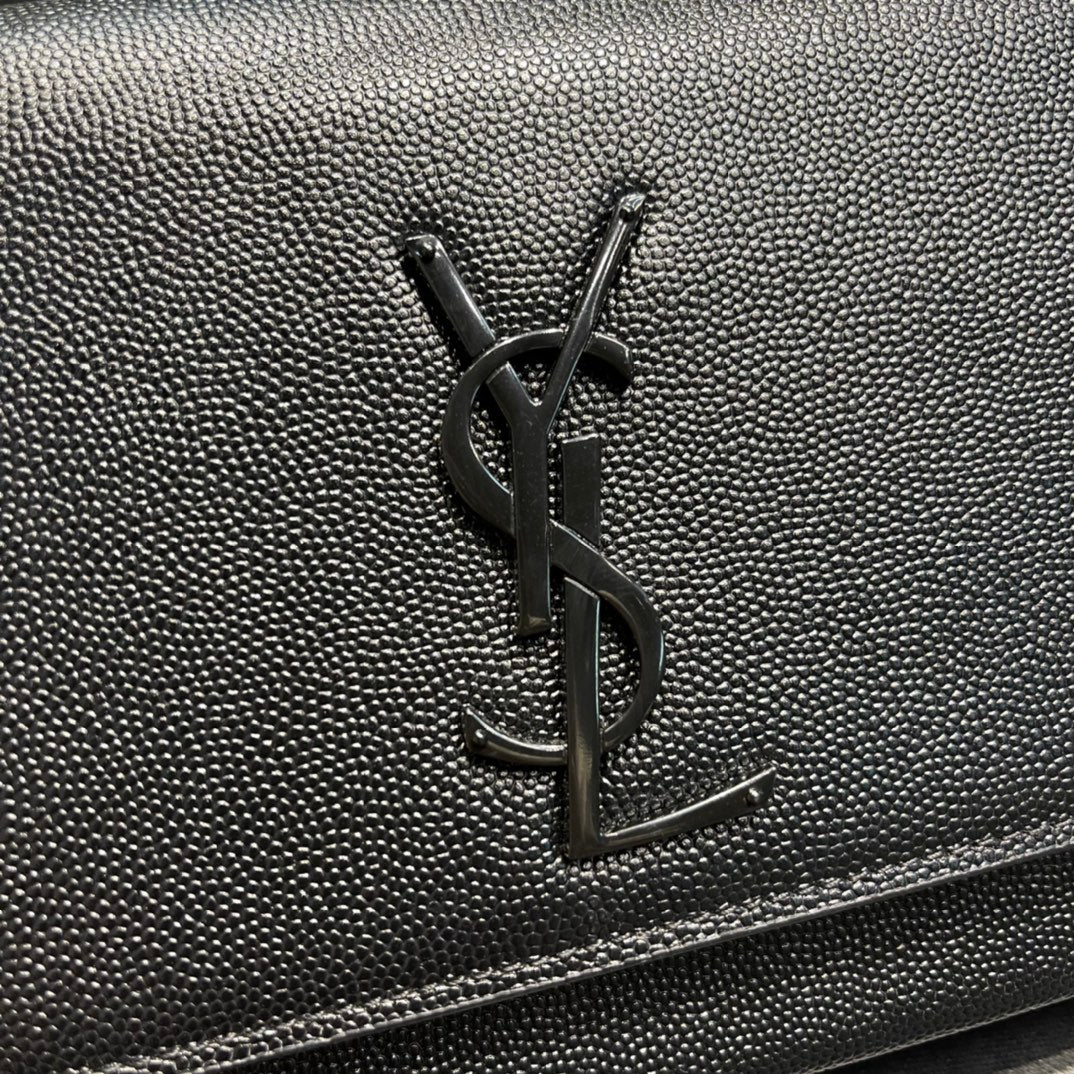 Saint Laurent Cassandre Chain Wallet in Black Grain de Poudre Leather with Tonal Logo