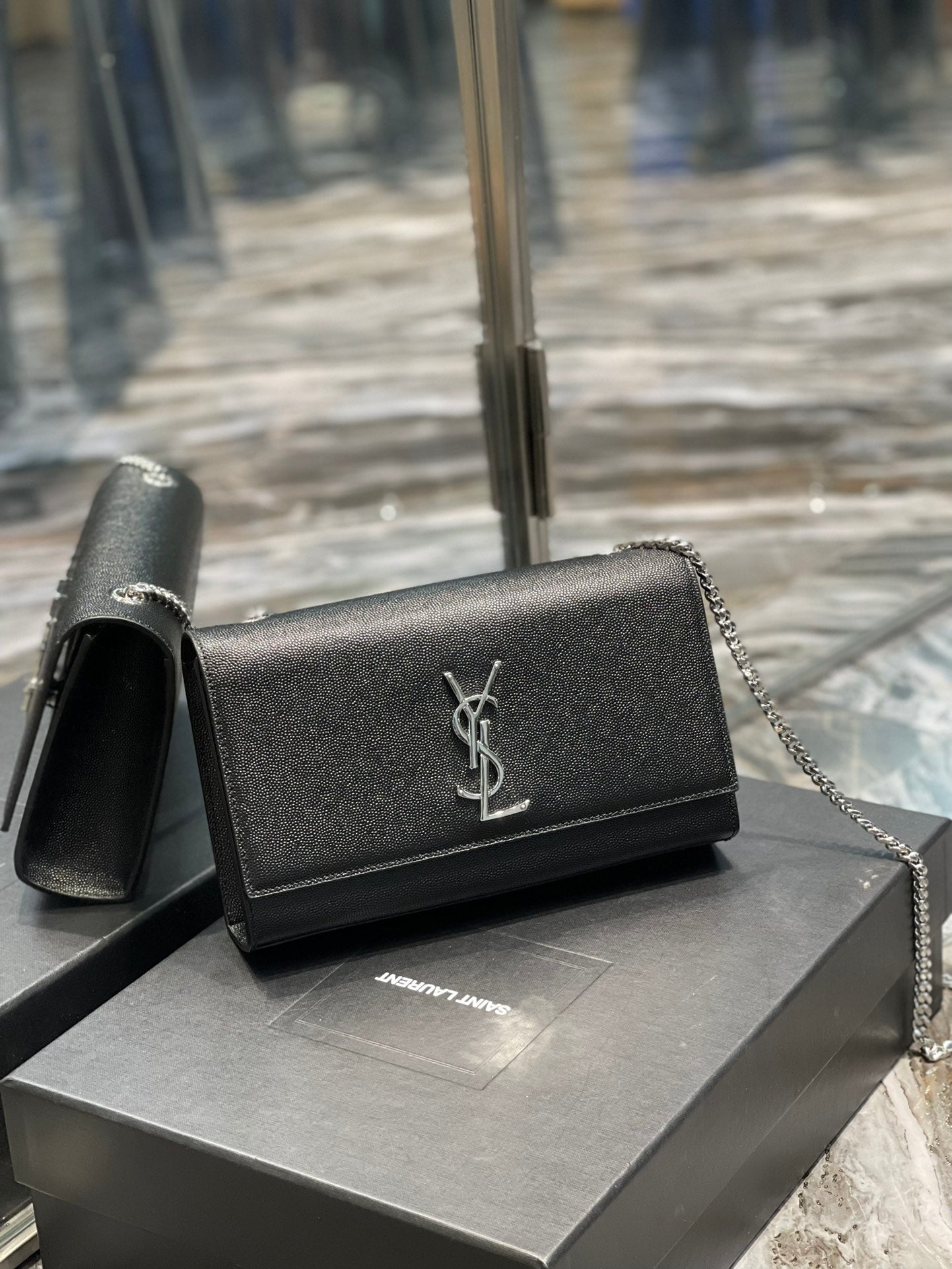 Saint Laurent Sunset Chain Wallet in Grain de Poudre Embossed Leather - Black