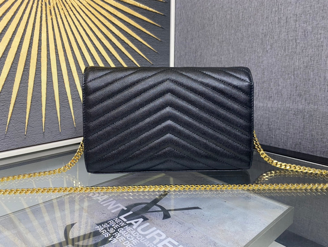 Saint Laurent Cassandre Matelassé Leather Wallet on Chain - Black/Gold