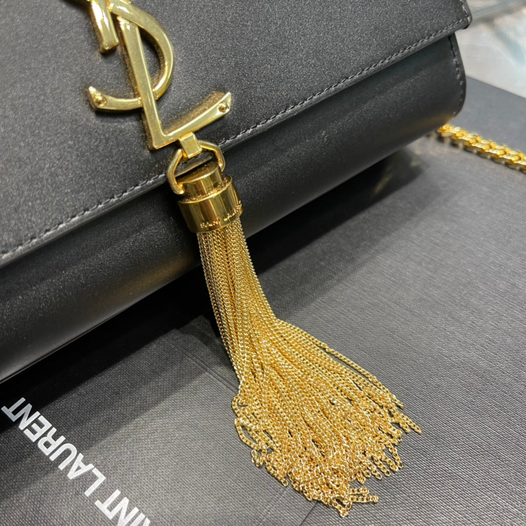 Saint Laurent Kate Medium Tassel Shoulder Bag in Black Leather with Gold Hardware