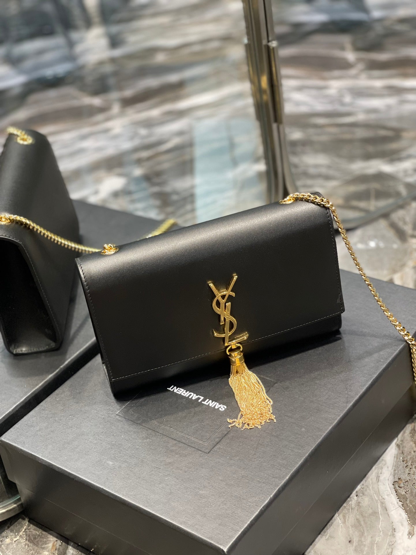 Saint Laurent Kate Medium Tassel Shoulder Bag in Black Leather with Gold Hardware