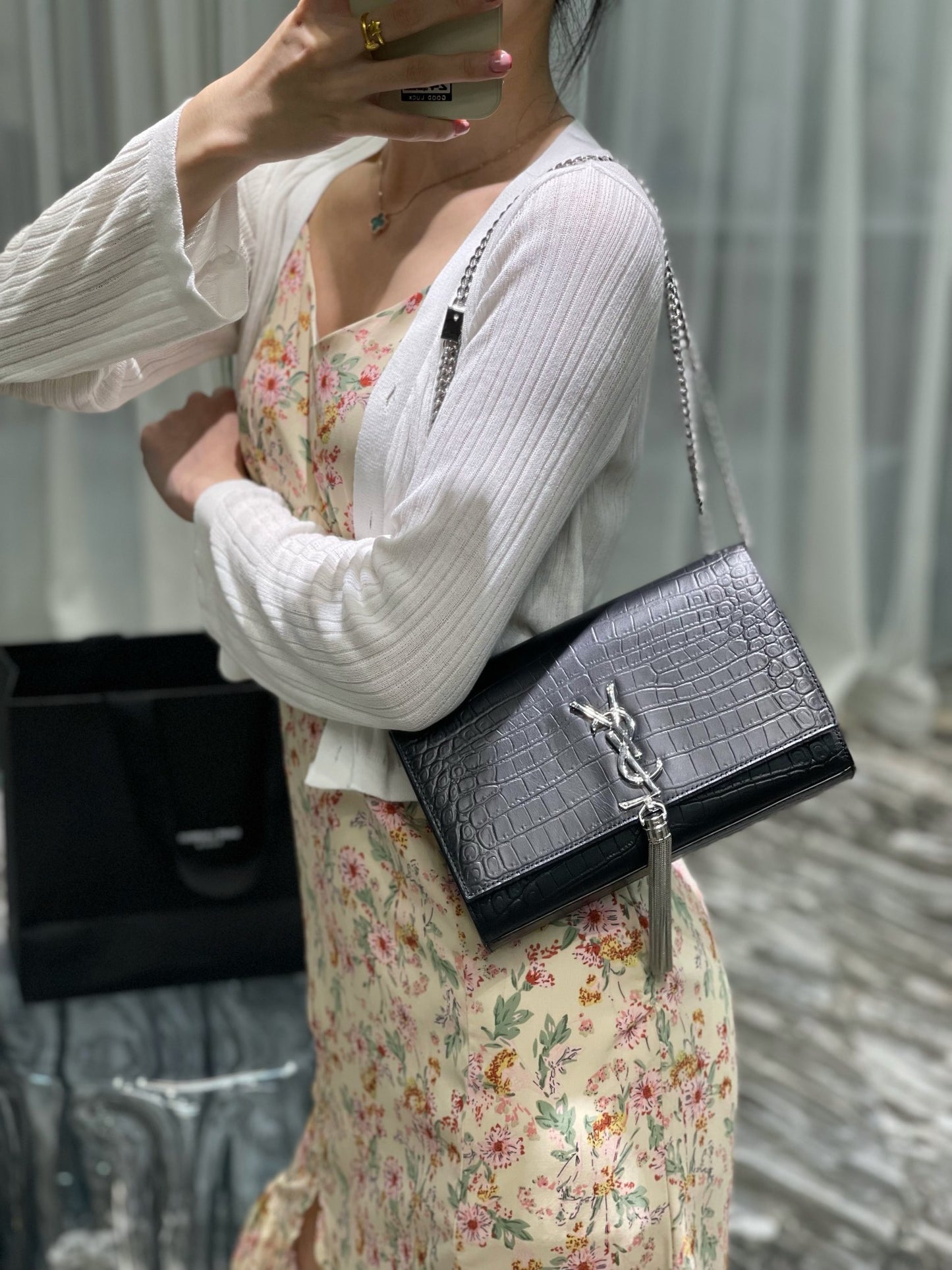 Women's Black Crocodile Embossed Clutch Bag with Tassel and Silver Logo - Elegant Evening Crossbody Handbag