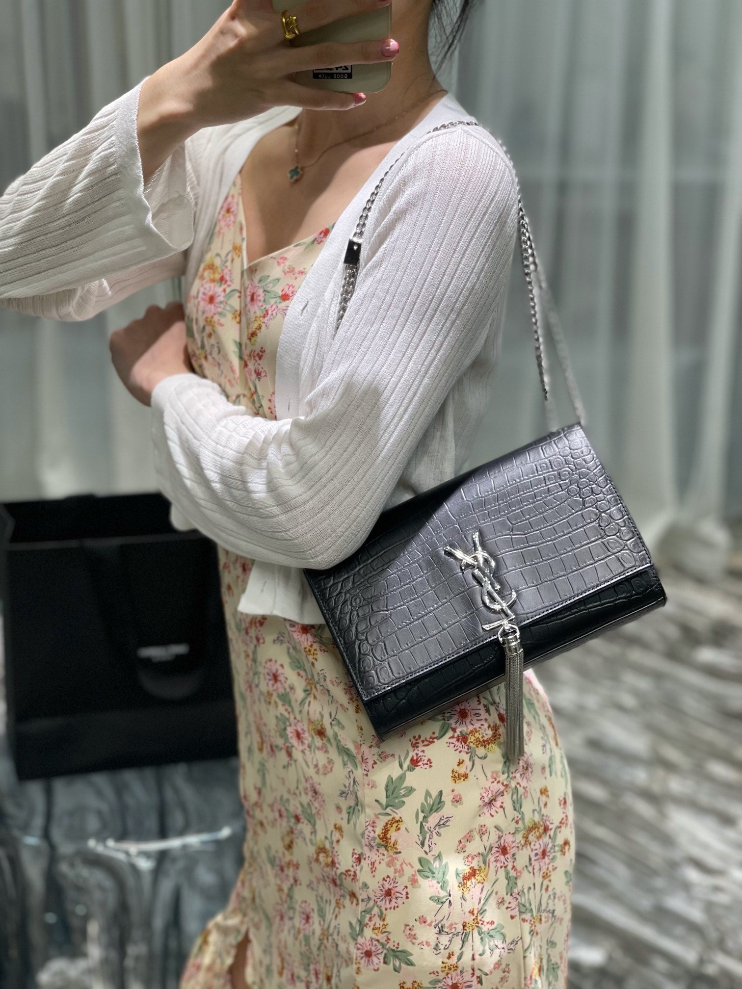 Women's Black Crocodile Embossed Clutch Bag with Tassel and Silver Logo - Elegant Evening Crossbody Handbag