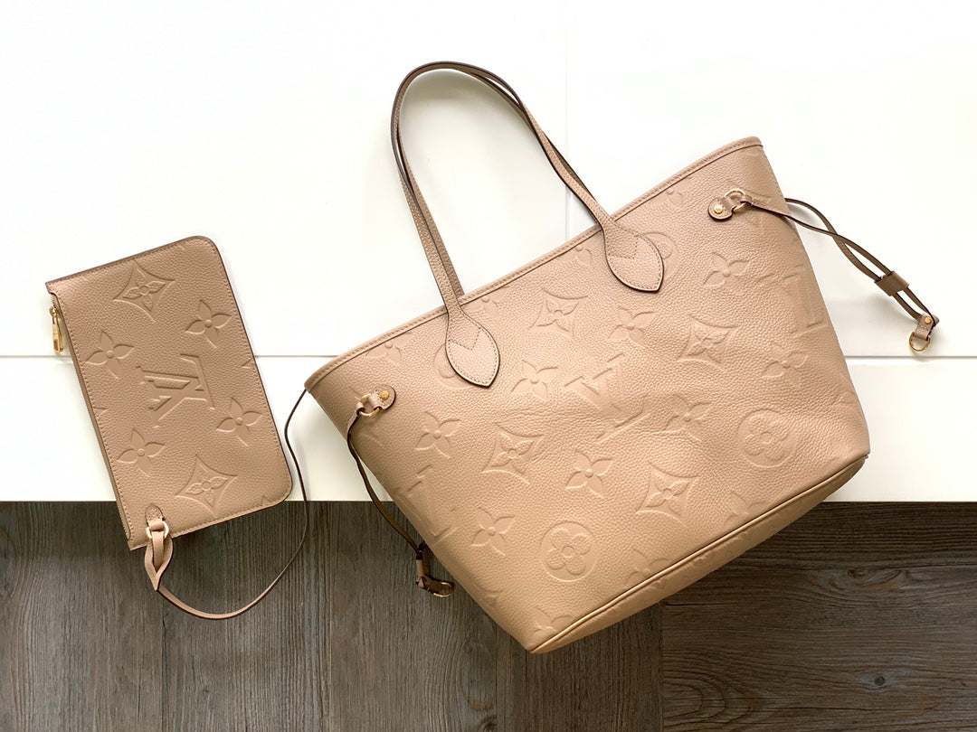 Louis Vuitton Neverfull MM Monogram Empreinte Leather Tote Bag - Beige