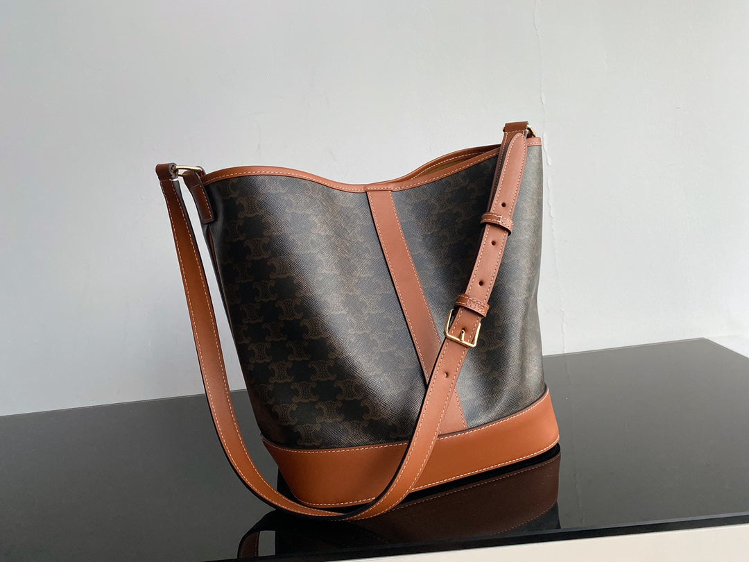 Women's Triomphe Canvas Small Bucket Bag in Tan and Brown Monogram