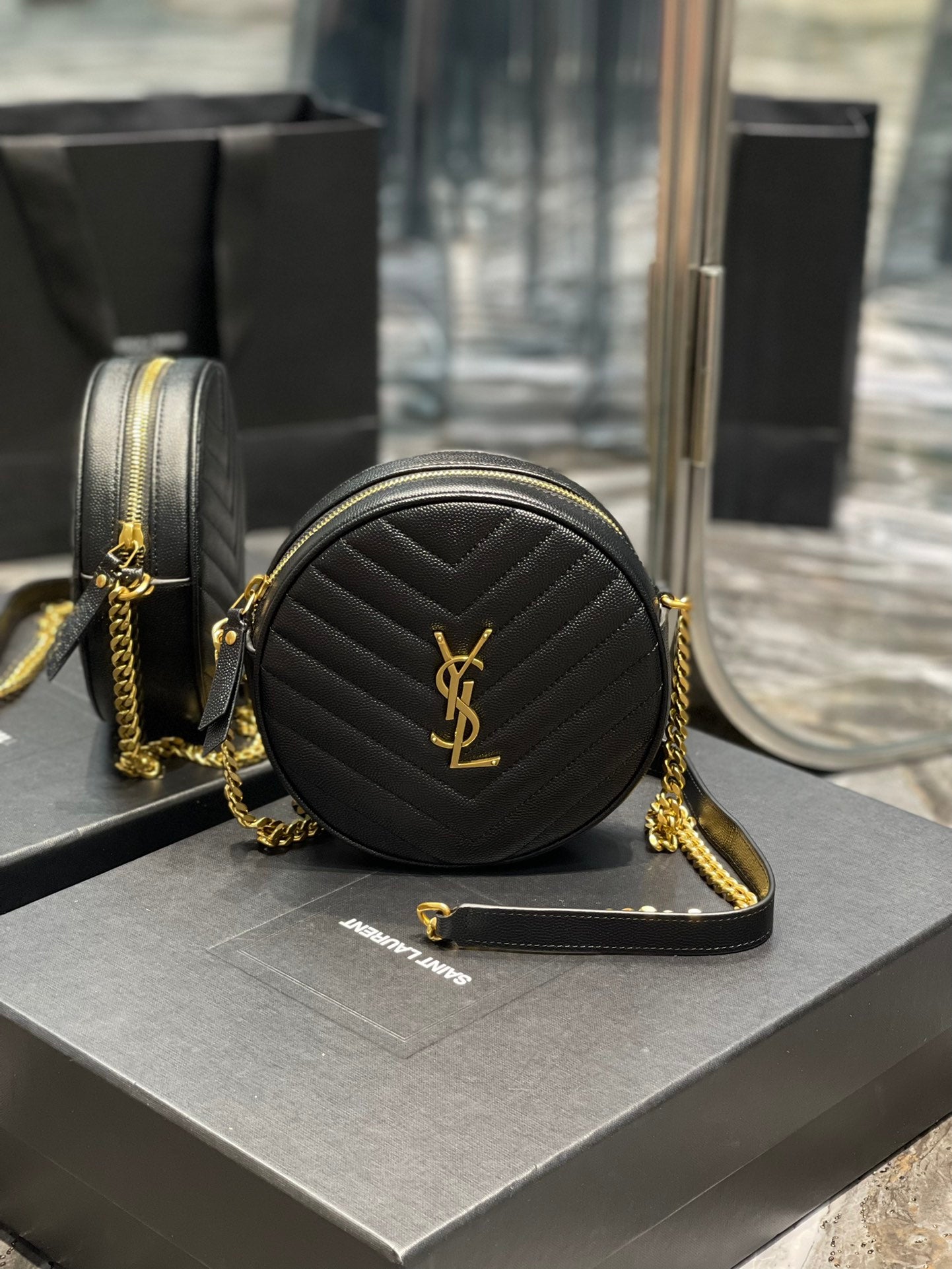 Saint Laurent Vinyle Round Camera Bag in Chevron Quilted Leather - Black