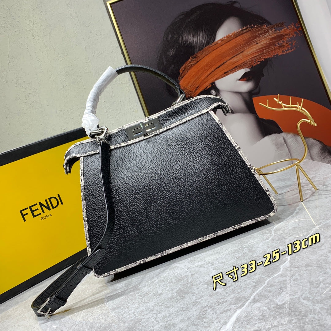Fendi Peekaboo Medium Black Leather Top Handle Bag with Shoulder Strap