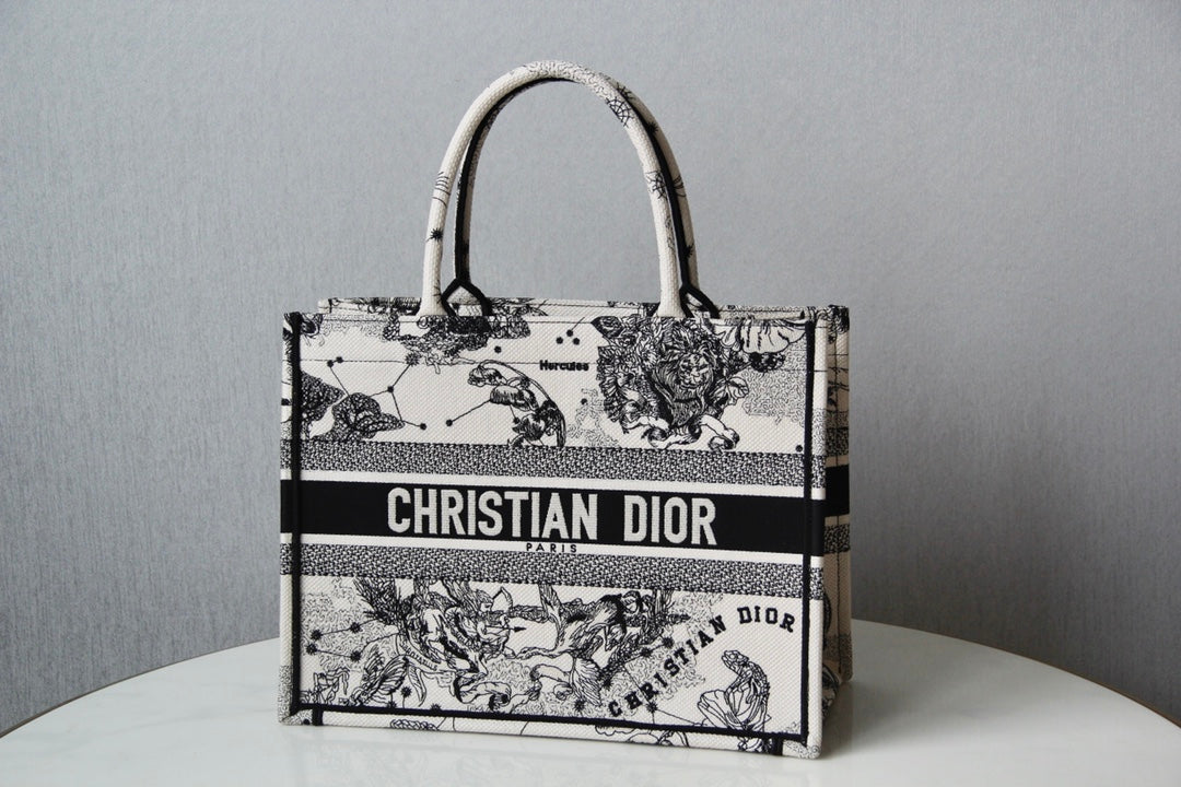 Christian Dior Book Tote Bag - White and Black Toile de Jouy Zodiac Embroidered Canvas