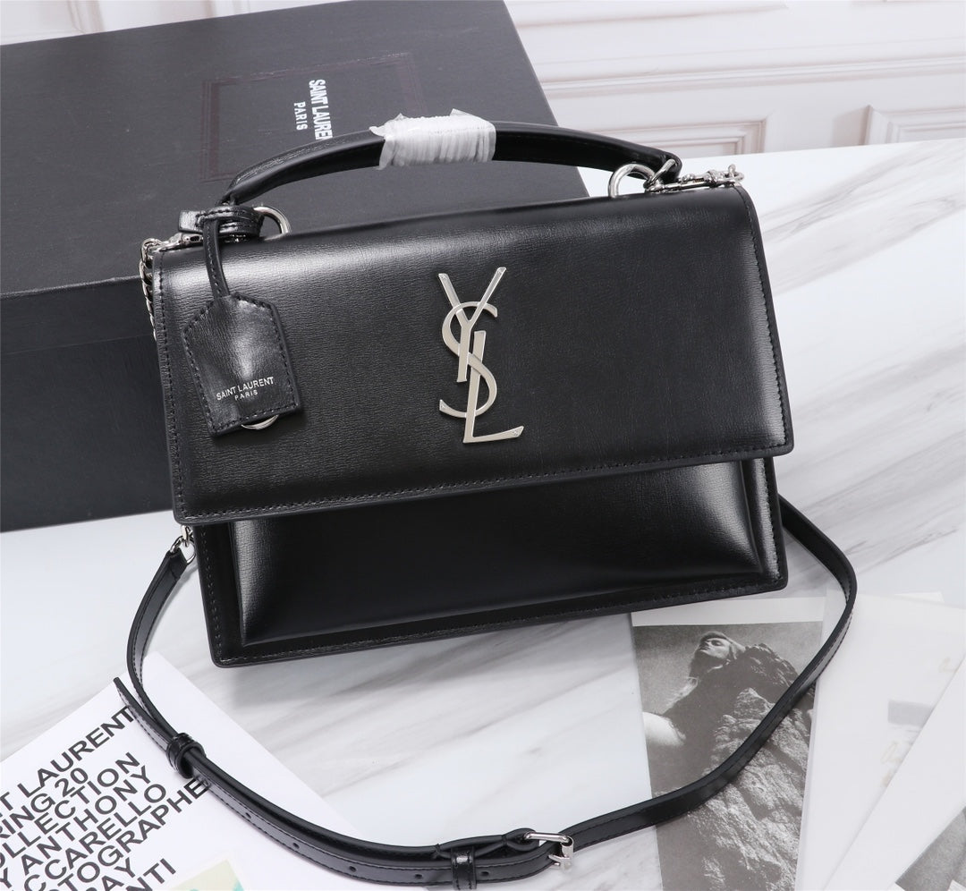 Saint Laurent Sunset Medium Shoulder Bag in Black Smooth Leather