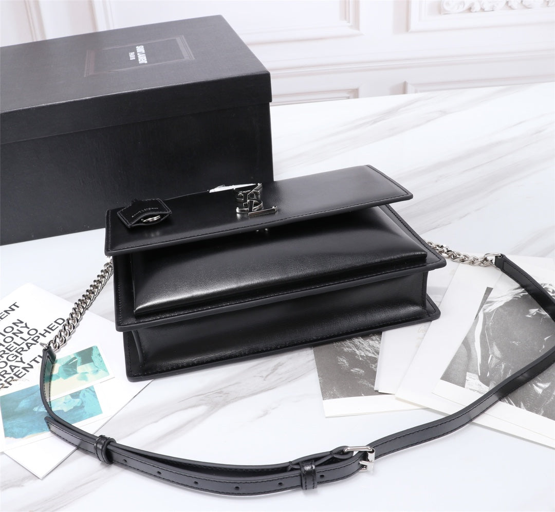 Saint Laurent Sunset Medium Shoulder Bag in Black Smooth Leather