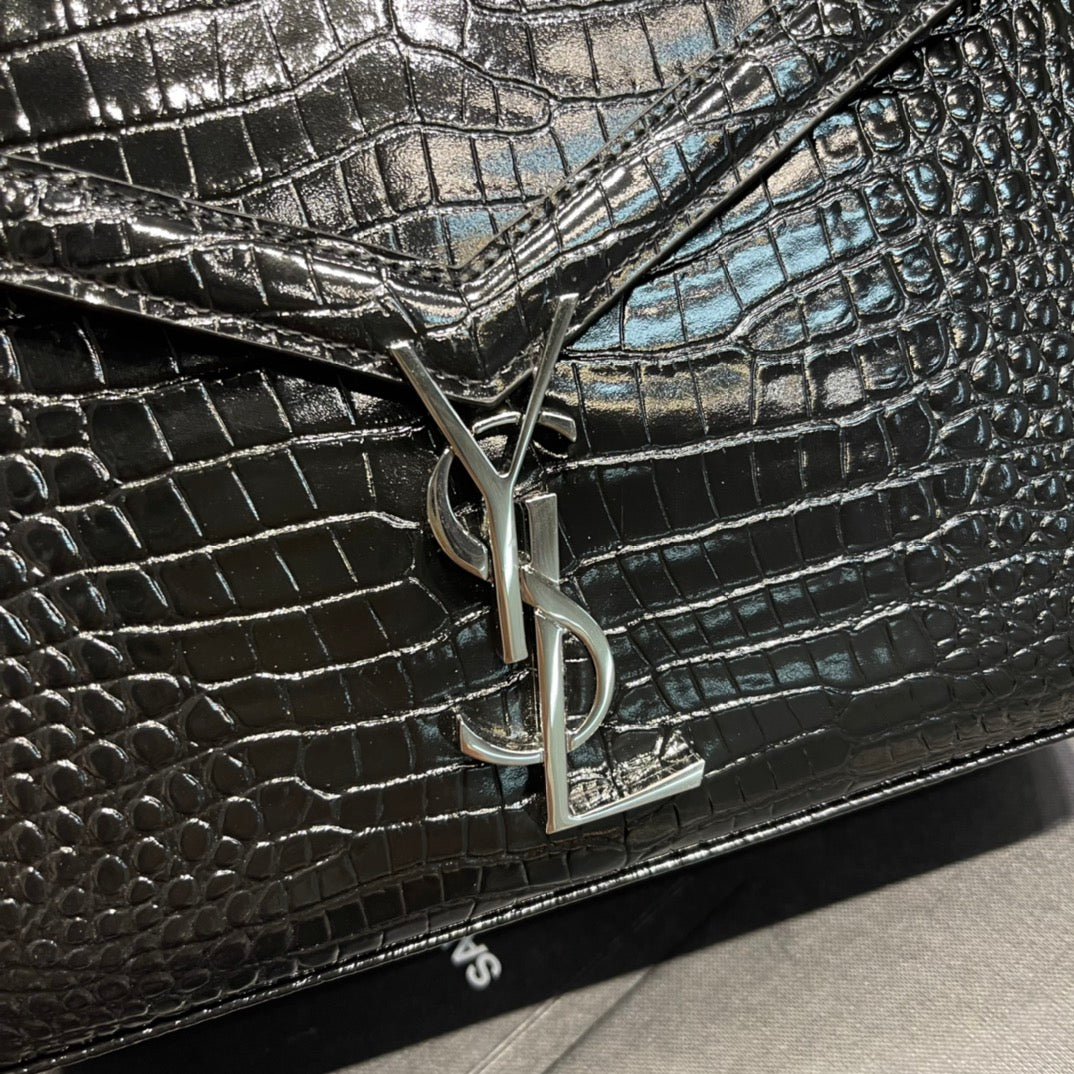 Saint Laurent Cassandra Medium Top Handle Bag in Crocodile-Embossed Leather - Black