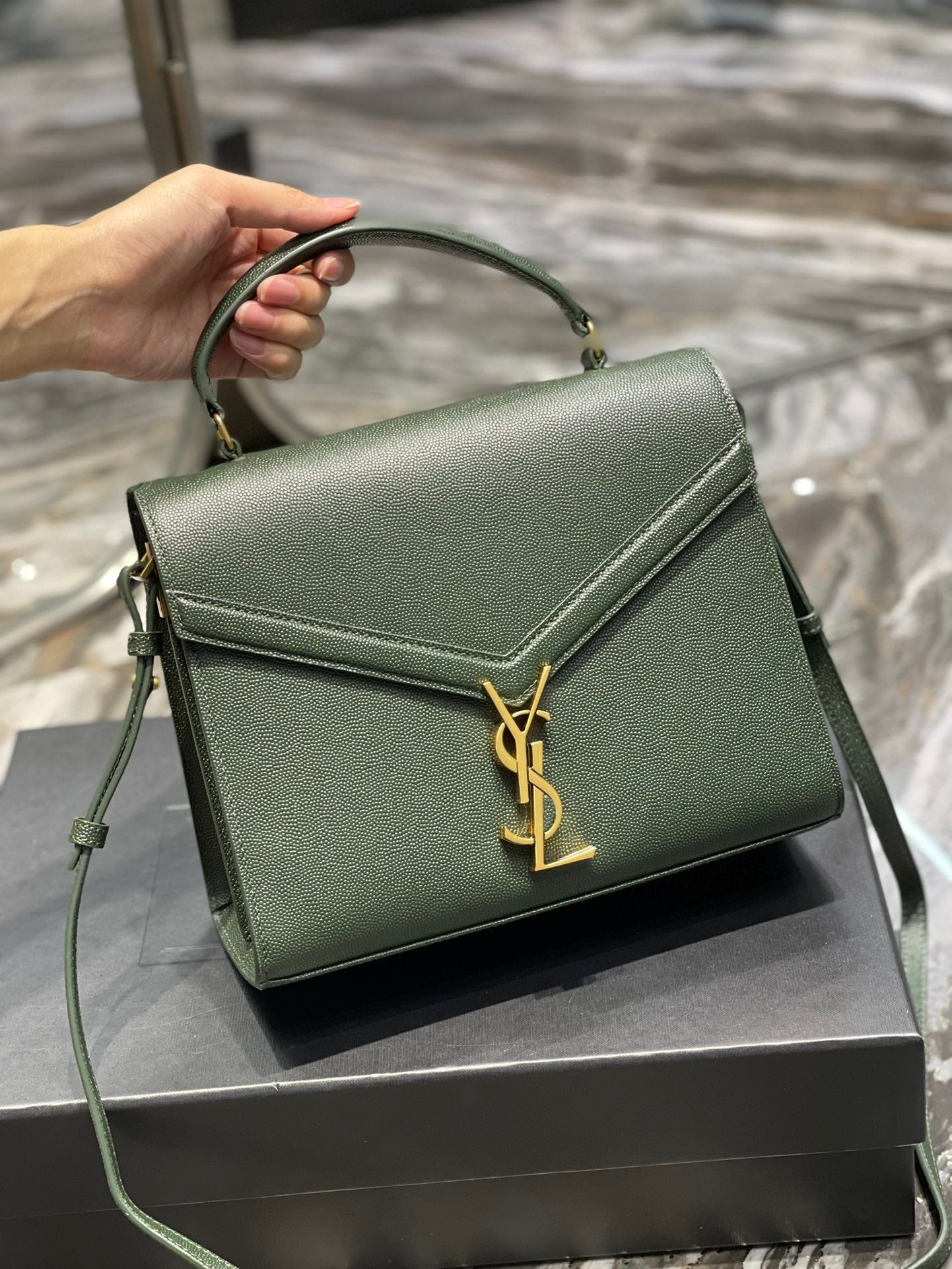 Saint Laurent Cassandra Medium Top Handle Bag in Green Grained Leather