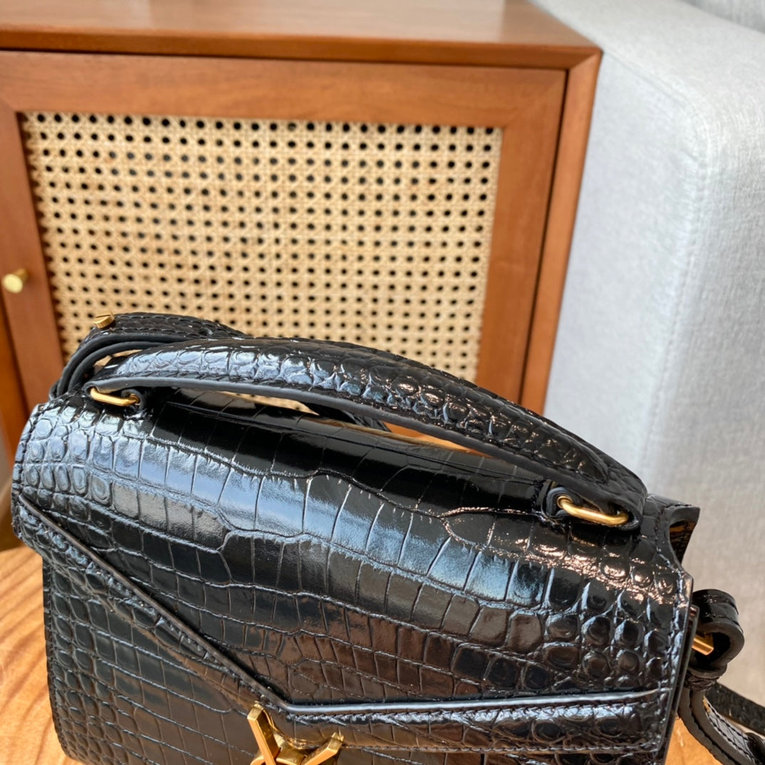 Saint Laurent Cassandra Top Handle Bag in Black Crocodile-Embossed Leather