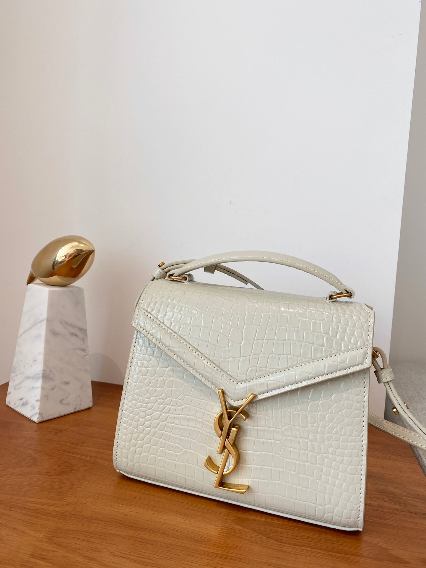 Saint Laurent Cassandra Medium Top Handle Bag in Crocodile-Embossed Leather - White