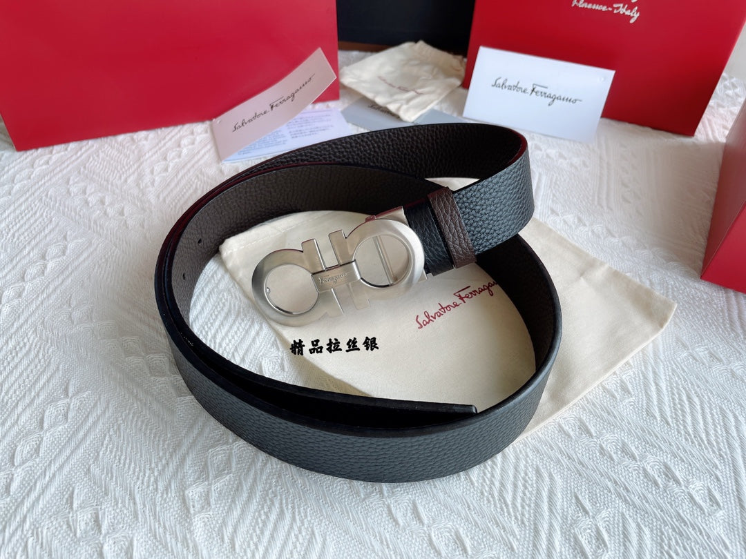 Salvatore Ferragamo Men's Reversible Gancini Belt in Black/Brown Pebbled Leather with Silver Buckle