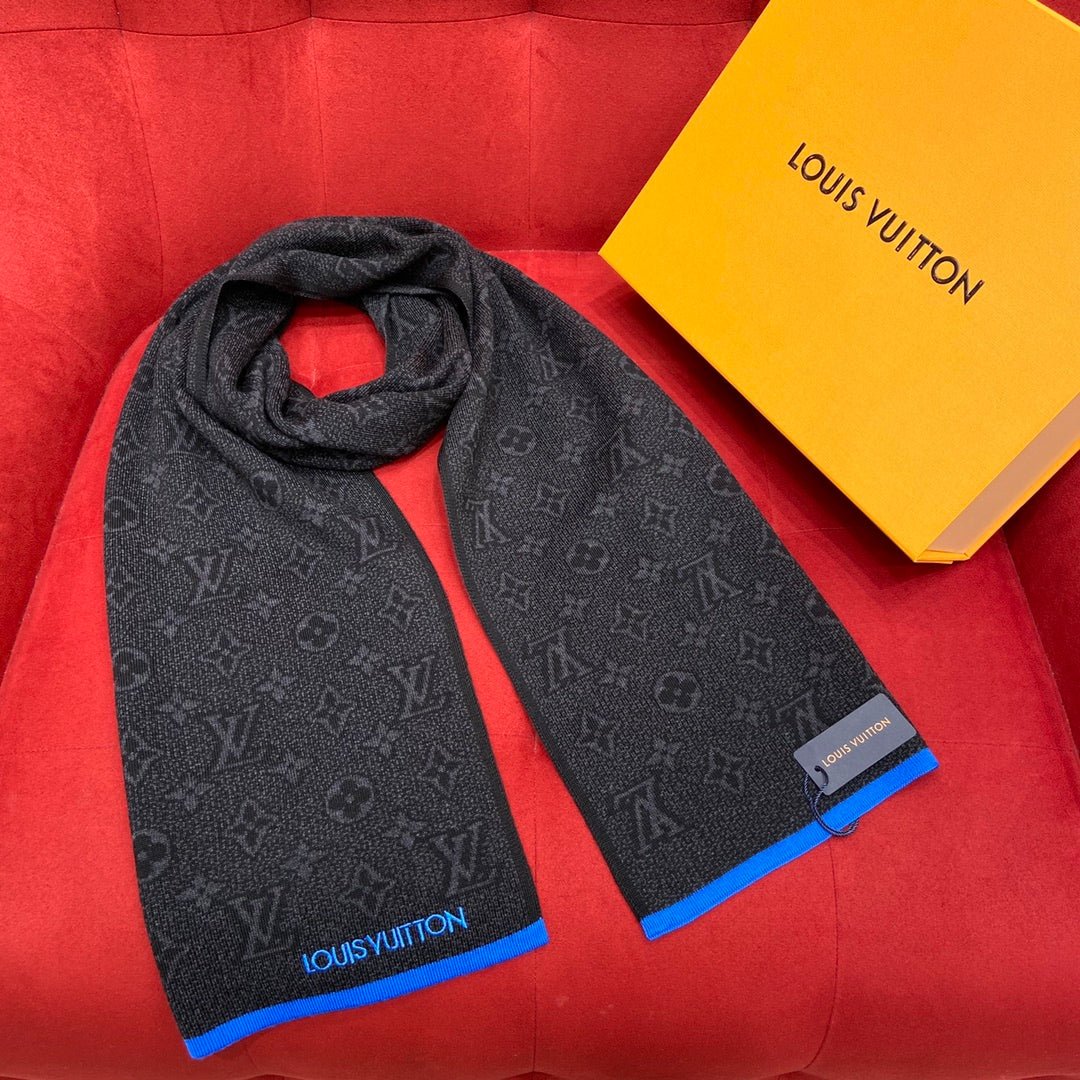 Louis Vuitton Men's Monogram Scarf - Charcoal Grey and Blue Designer Winter Scarf with Luxury Box