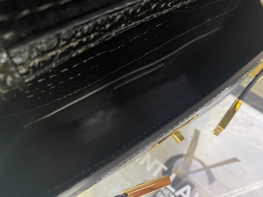 Saint Laurent Manhattan Small Shoulder Bag in Crocodile-Embossed Leather - Black