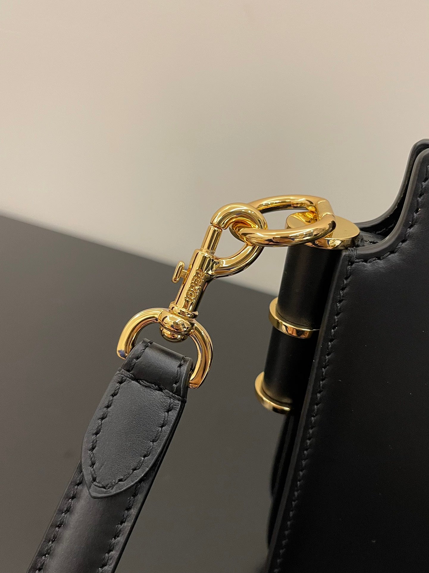 Fendi Black Leather Shoulder Bag with Gold-Tone FF Logo Clasp