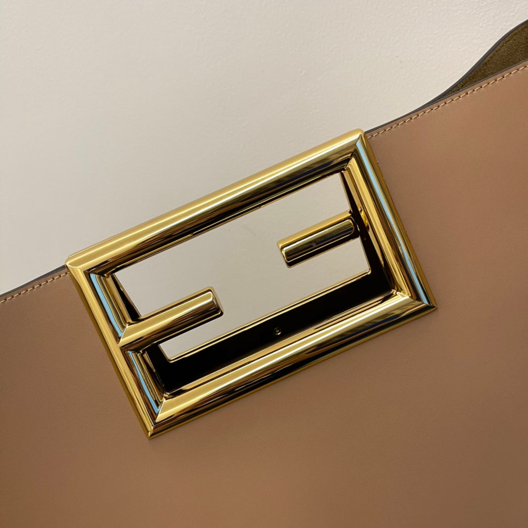 Women's Beige Leather Shoulder Bag with Gold Buckle Hardware