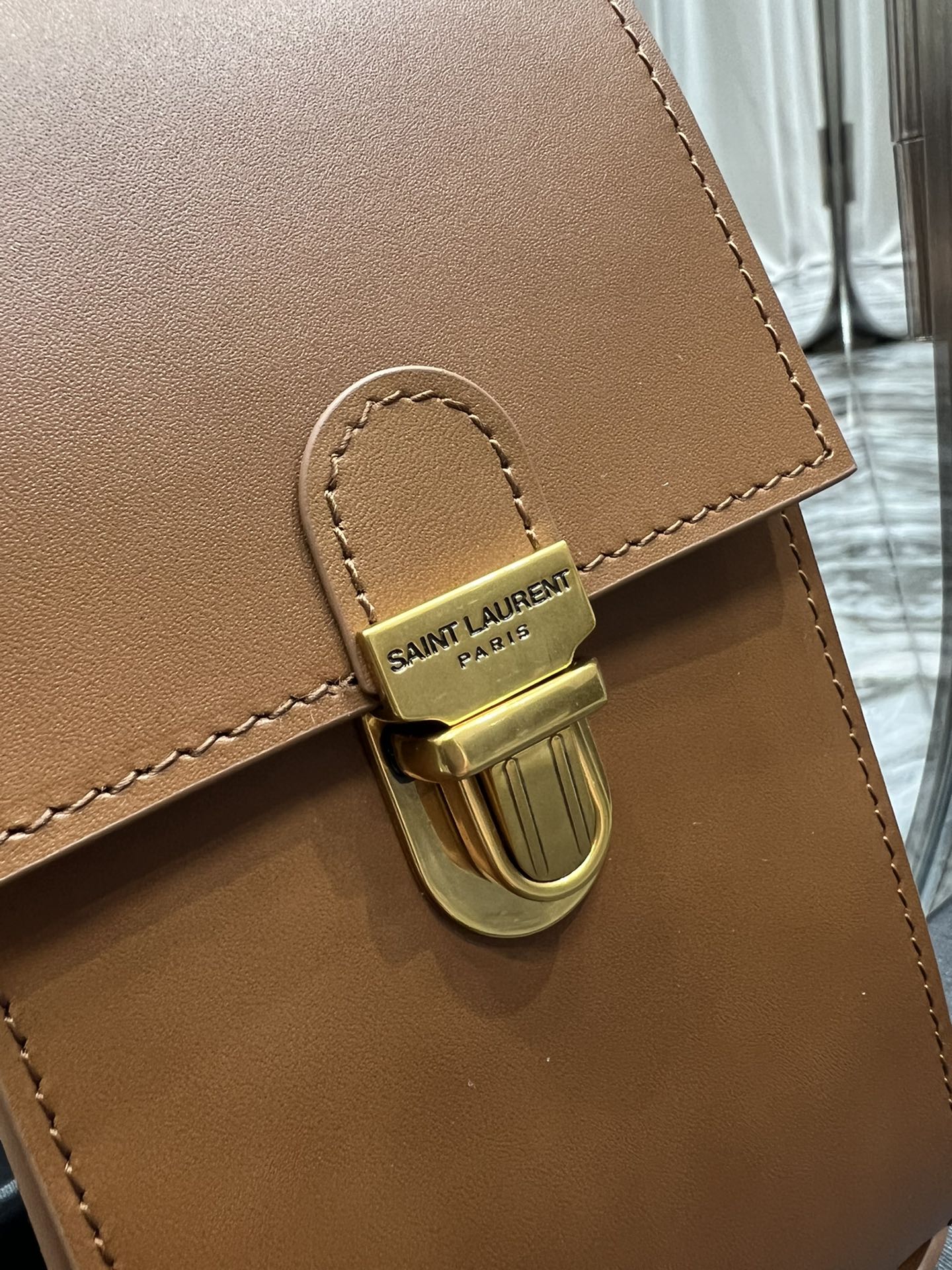 Small Tan Leather Crossbody Phone Bag with Gold-Tone Clasp