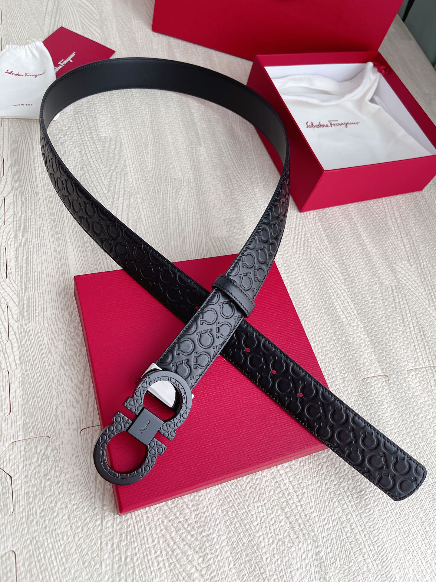 Salvatore Ferragamo Men's Gancini Monogram Embossed Leather Belt with Matte Black Double Gancini Buckle - Black
