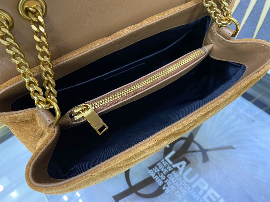 Saint Laurent Medium Loulou Bag in Tan Suede with Gold Hardware