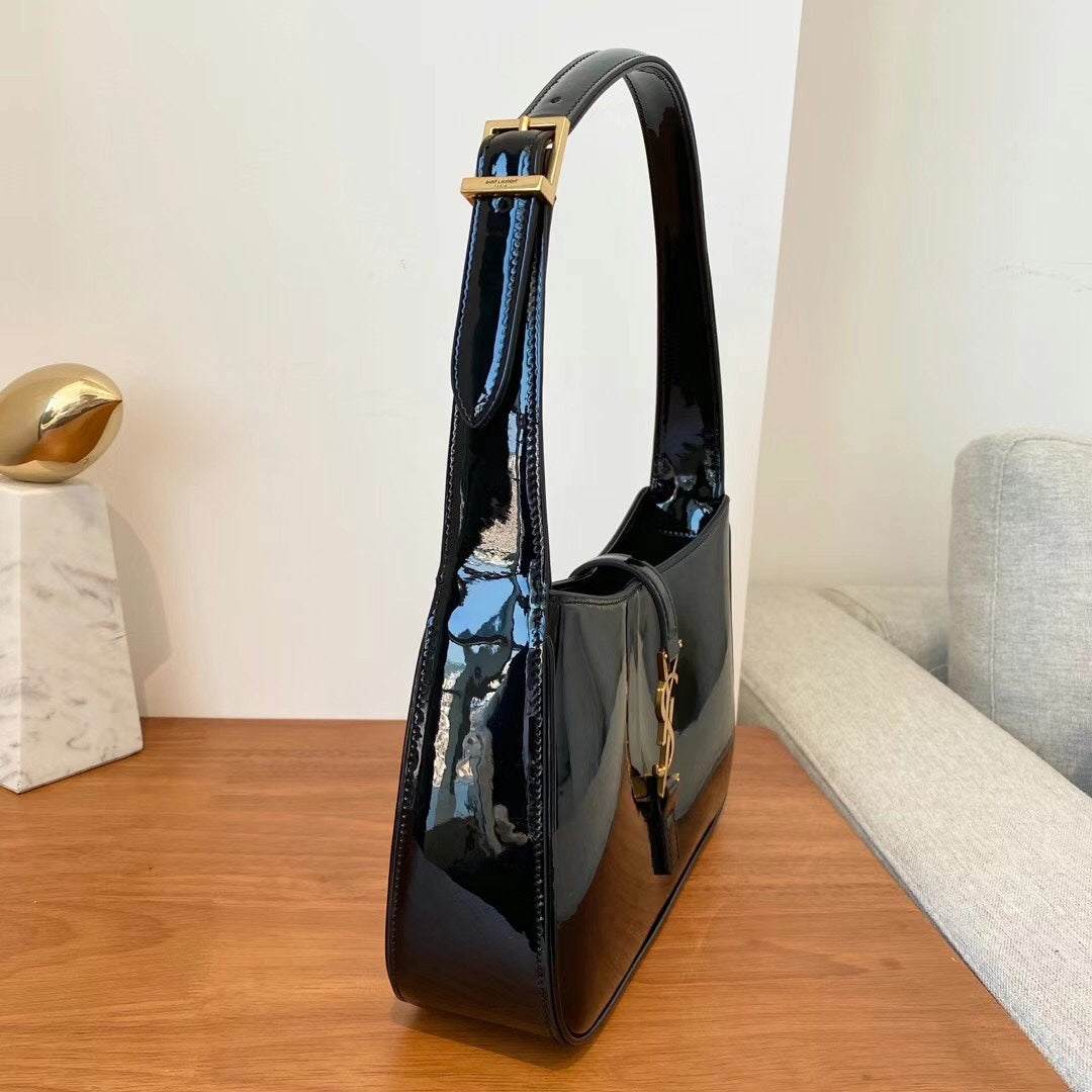 Saint Laurent Le 5 à 7 Black Patent Leather Shoulder Bag with Gold YSL Logo