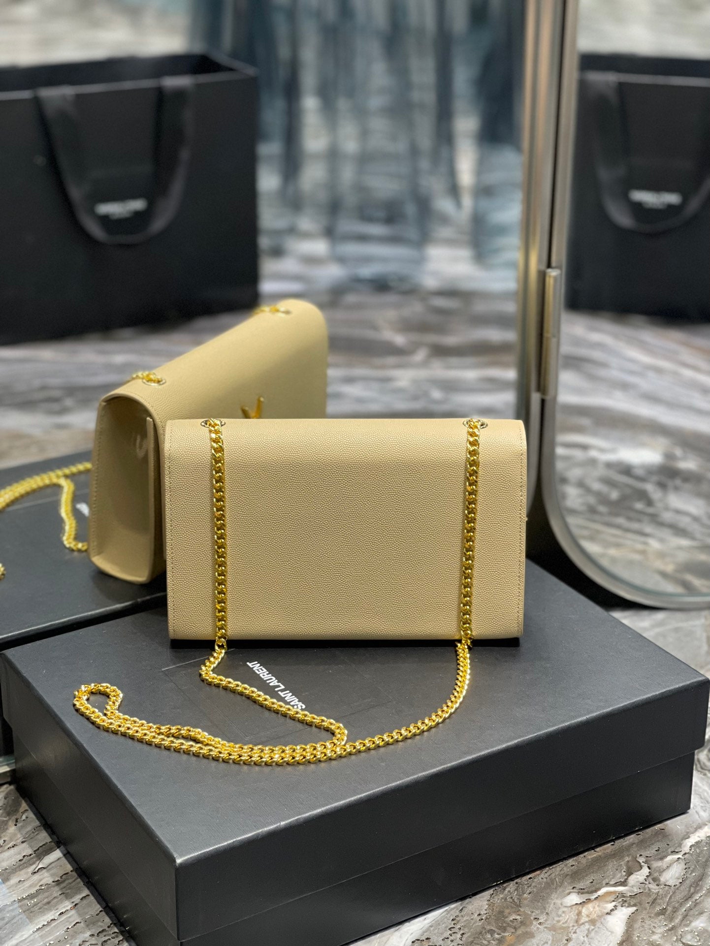 Saint Laurent Kate Small Chain Bag in Grain de Poudre Leather - Beige