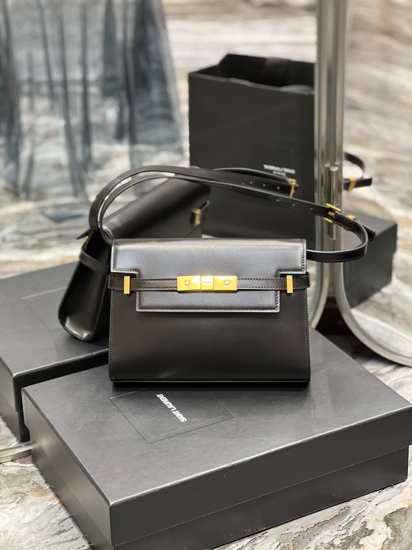 Saint Laurent Manhattan Small Shoulder Bag in Black Box Leather