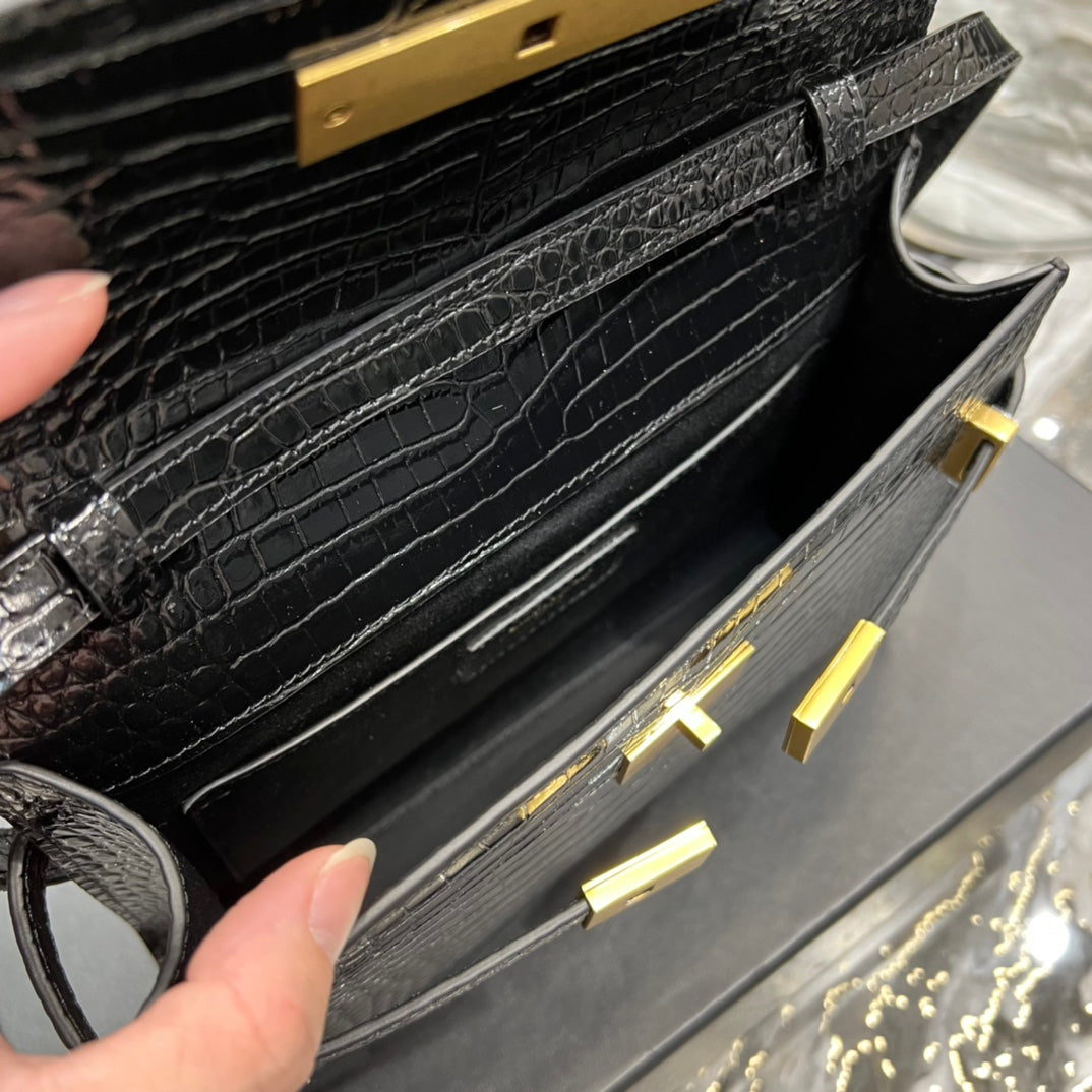 Saint Laurent Manhattan Small Shoulder Bag in Shiny Crocodile-Embossed Leather - Black