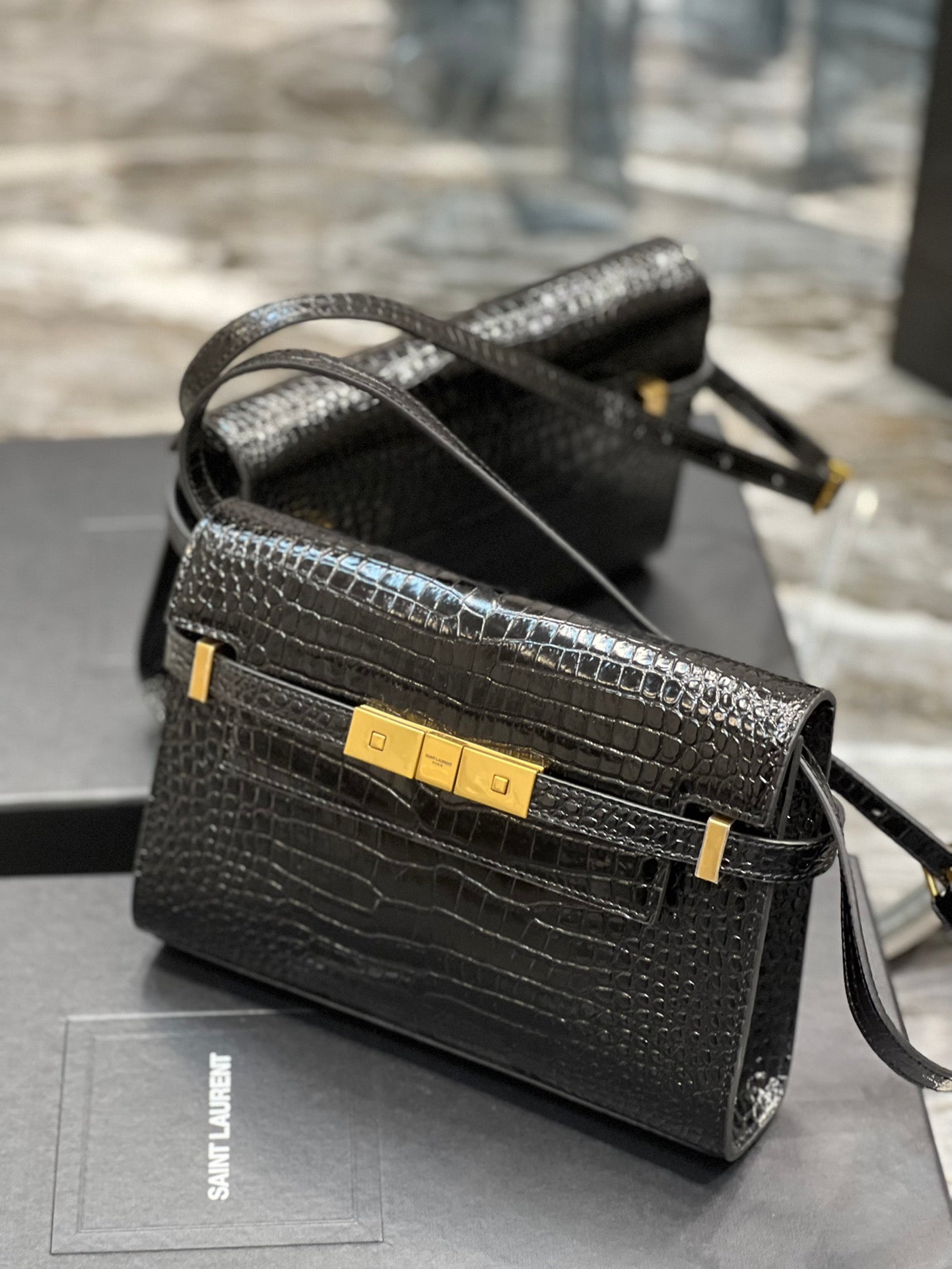 Saint Laurent Manhattan Small Shoulder Bag in Shiny Crocodile-Embossed Leather - Black