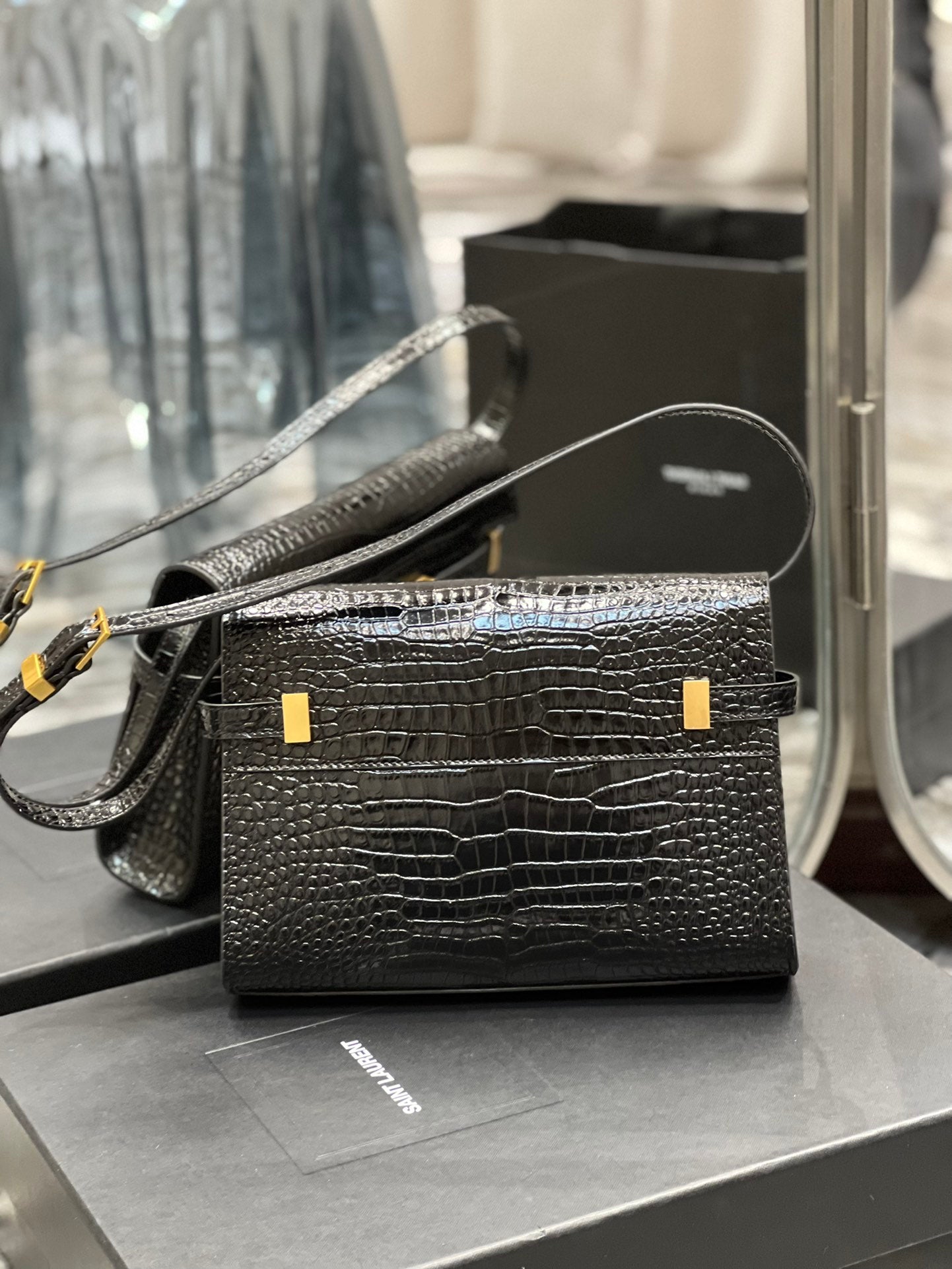 Saint Laurent Manhattan Small Shoulder Bag in Shiny Crocodile-Embossed Leather - Black