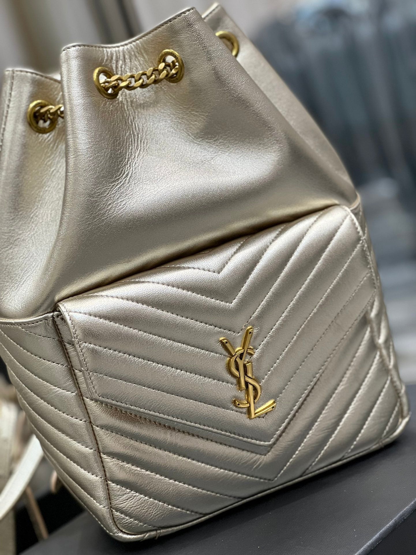 Gold Quilted Leather Bucket Bag - Elegant Metallic Shoulder Bag with Chain Strap