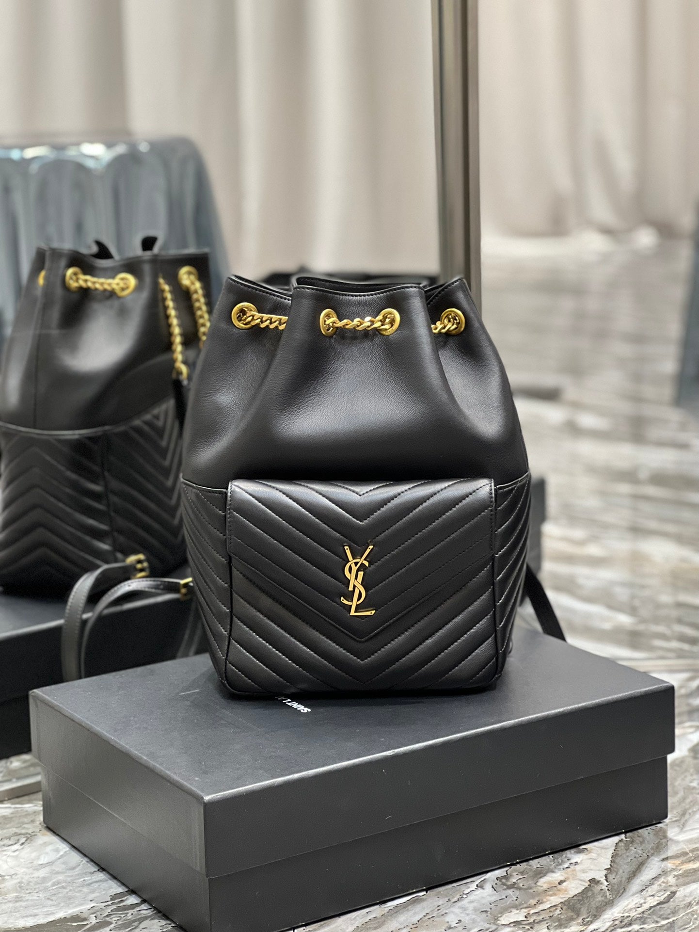 Saint Laurent Joe Quilted Lambskin Leather Bucket Bag in Black