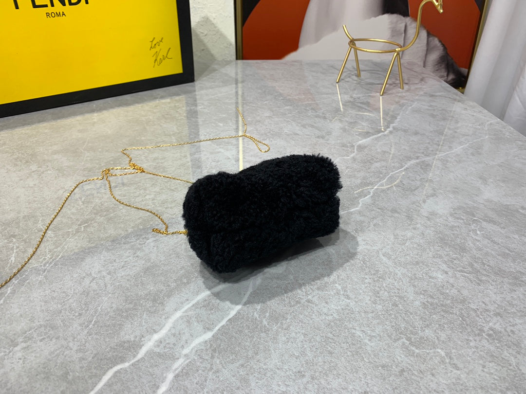 Fendi First Nano Black Shearling Mini Bag with Gold Chain