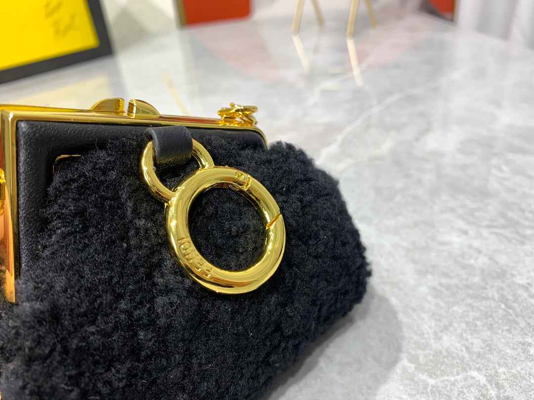 Fendi First Nano Black Shearling Mini Bag with Gold Chain