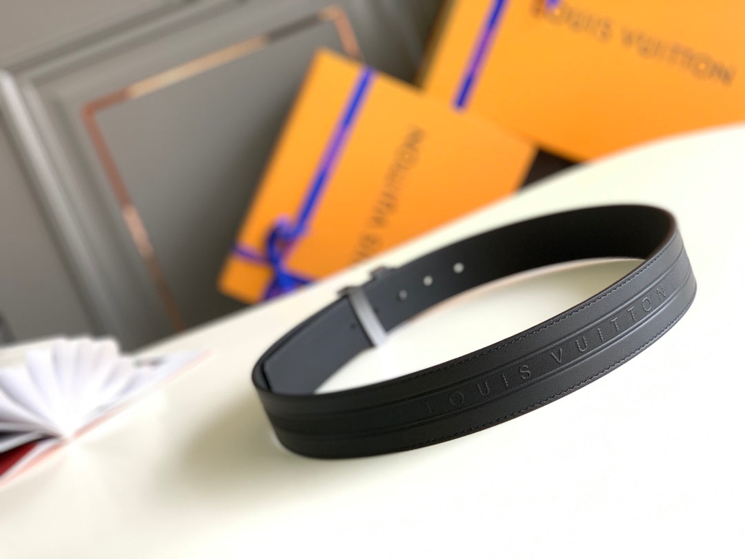 Louis Vuitton Men's LV Initiales Black Leather Belt with Silver-Tone Buckle, Luxury Designer Fashion Accessory
