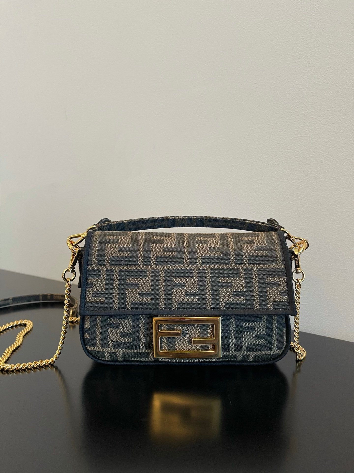 Fendi Baguette Zucca Monogram Canvas Shoulder Bag with Gold-Tone Chain